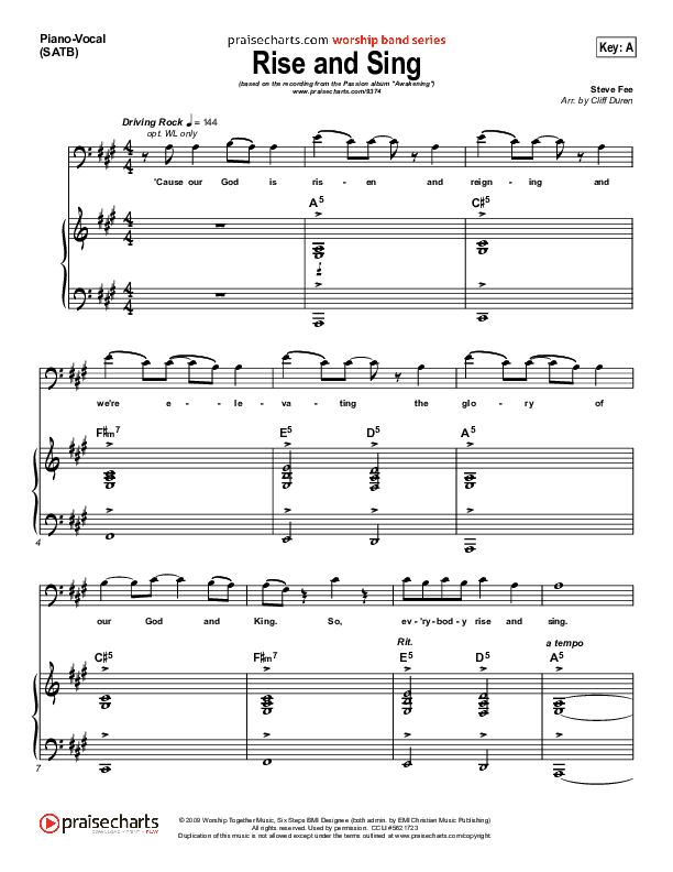 Rise And Sing Piano/Vocal (FEE Band / Passion)