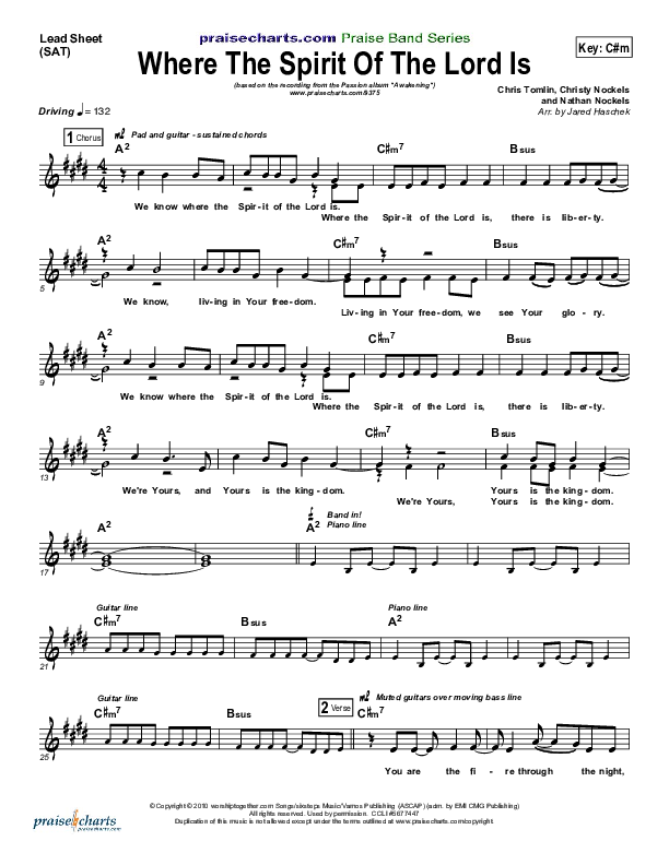 Where The Spirit Of The Lord Is Lead Sheet (Chris Tomlin / Passion)