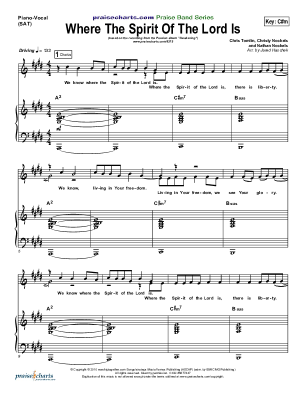 Where The Spirit Of The Lord Is Piano/Vocal (Chris Tomlin / Passion)
