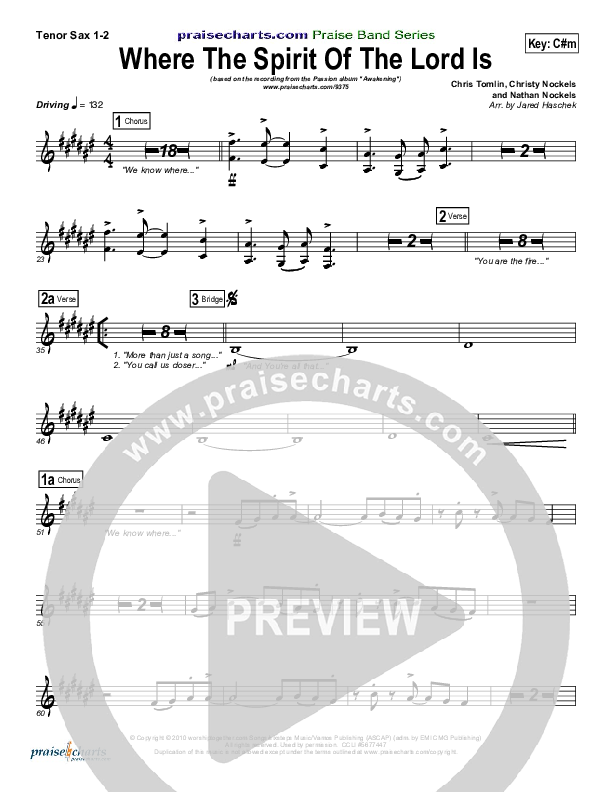 Where The Spirit Of The Lord Is Tenor Sax 1/2 (Chris Tomlin / Passion)