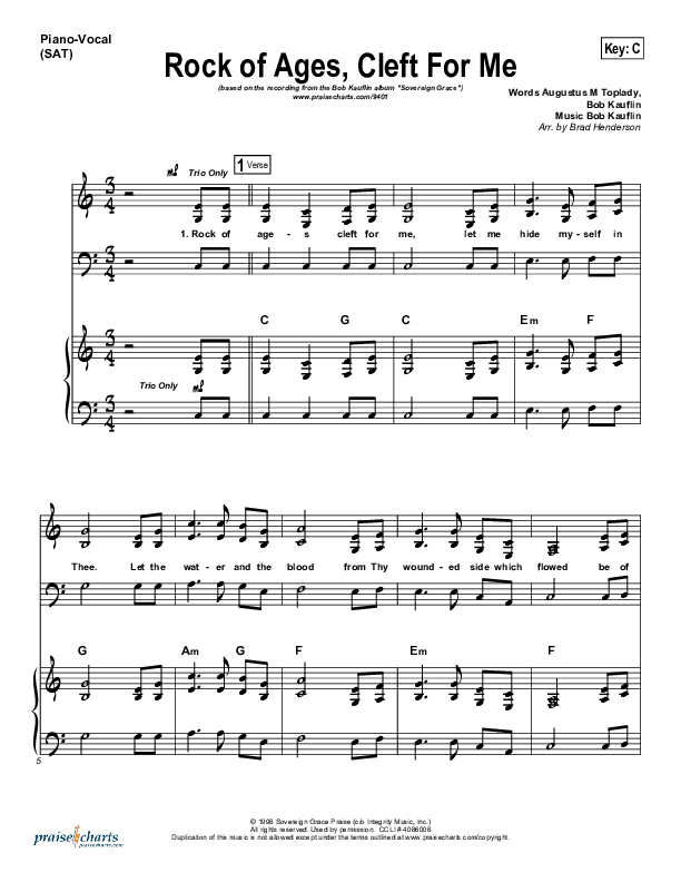 Rock Of Ages Cleft For Me Piano/Vocal (Bob Kauflin)